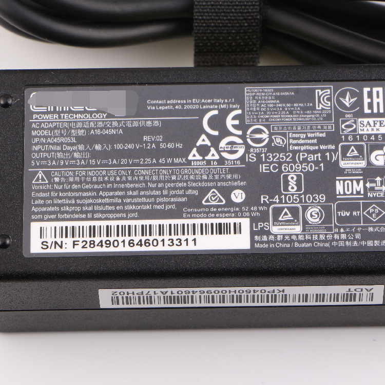 A16-045N1A Acer Spin 7 SP714-51-M4YD 20V 2.25A 45W USB-C/TYPE-C 